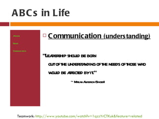 A B C s in Life

At ude
 tit               C ommunic ation (unders tanding)
Bel
  ief

Communicaion
         t
                “L der shoul be bor
                  ea ship d           n
                  outoft under a oft needs oft w
                       he     st nding he    hose ho
                  w d be a ed byit
                   oul ffect         .”
                                ~ M r n A son (Singer
                                   aia nder          )




   Teamwork: http://www.youtube.com/watch?v=1qzzYrCTKuk&feature=related
 