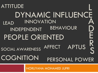 ATTITUDE                      L
      DYNAMIC INFLUENCE
 LEAD    INNOVATION           A
    INDEPENDENT BEHAVIOUR     D
 PEOPLE ORIENTED              E
                 AFFECT APTUS R
SOCIAL AWARENESS
                              S
COGNITION            PERSONAL POWER
           NORLIYANA MOHAMED JUFRI
 
