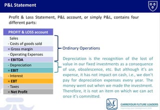 P&L Statement
The Profit & Loss Statement, P&L account, or simply P&L, contains
four different parts:
PROFIT & LOSS account
Sales
- Cost of goods sold
= Gross margin
- Operating Expenses
= EBITDA
- Depreciation
= EBIT
- Interest
= EBT
- Taxes
= Net Profit

Ordinary Operations
Depreciation is the recognition of the loss of
value of our fixed investments as a consequence
of use, obsolescence, etc. But although it is an
expense, it does not have an impact on cash, i.e.
we do not pay for depreciation expenses every
year. The money went out when we made the
investment. Therefore, it is not an item on which
we can act once it has been committed.

 