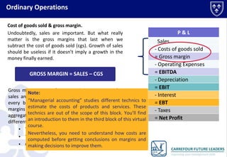 Ordinary Operations
Cost of goods sold & gross margin.
Undoubtedly, sales are important. But what really
matters are the gross margins obtained when we
subtract the cost of goods sold (CGS). Growth of sales
is worthless if it does not imply growth in the money
finally earned.

GROSS MARGIN = SALES – CGS
GrossNote: comes form two elements: price of
margin
sales “Managerial accounting” studies different In
and cost of the product or service sold. techniques
everyfor estimating the costs of products and services.
business, there are products with higher
margins than orders. exceed the scope of this block. You
These techniques So, whenever aggregate
margins are seen introduction may be explained by block of
will find an to vary, this to them in the third
different causes: course.
this on-line
•Nevertheless, you the unit prices obtained. costs are
The variation in need to understand how
•computed before reaching conclusions on margins and
The evolution of costs.
•making decisions to improve them.
Changes in the mix of products sold.

P&L

Sales
- Cost of goods sold
= Gross margin
- Operating Expenses
= EBITDA
- Depreciation
= EBIT
- Interest
= EBT
- Taxes
= Net Profit

 