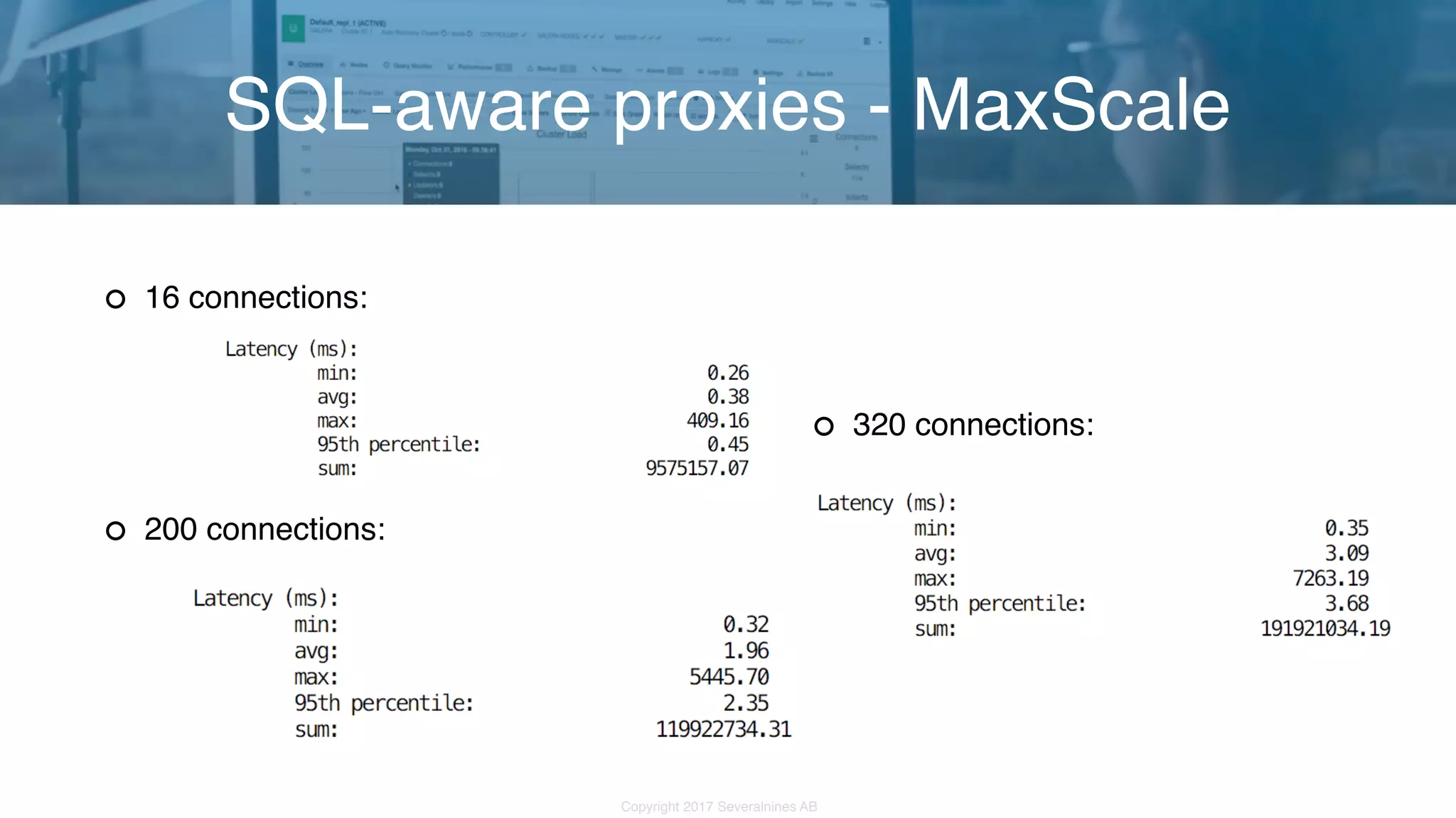 Copyright 2017 Severalnines AB 320 connections: SQL-aware proxies - MaxScale 16 connections: 200 connections: 