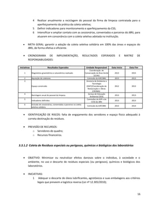 4 Realizar anualmente a reciclagem do pessoal da firma de limpeza contratada para o
aperfeiçoamento da prática da coleta seletiva;
5 Definir indicadores para monitoramento e aperfeiçoamento da CSS;
6 Intensificar e ampliar contato com as cessionárias, conveniados e parceiros do JBRJ, para
atuarem em consonância com a coleta seletiva adotada na instituição.
• META GERAL: garantir a adoção da coleta seletiva solidária em 100% das áreas e espaços do
JBRJ, de forma efetiva e eficiente.
• CRONOGRAMA DE IMPLEMENTAÇÃO, RESULTADOS ESPERADOS E MATRIZ DE
RESPONSABILIDADES:
Iniciativas Resultados Esperados Unidade Responsável Data Início Data Fim
1 Diagnóstico gravimétrico e volumétrico realizado
Coordenação de
Conservação da Área Verde
(CCAV)
2013 2015
2 Aquisição de coletores Comissão da A3P/JBRJ 2013 2013
3
Espaço construído
Diretoria de Ambiente e
Tecnologia
(DIAT)/Coordenação de
Restauração e Obras
(CROMA)
2012 2013
4
Reciclagem anual do pessoal da limpeza
Serviço de Educação
Ambiental (SEA)
2013 2013
5
Indicadores definidos
Comissões da A3P e da
CCSS do JBRJ
2013 2013
6 Inclusão de cessionárias, conveniadas e parceiras na coleta
seletiva solidária
Comissão da A3P/JBRJ 2013 2014
• IDENTIFICAÇÃO DE RISCOS: falta de engajamento dos servidores e espaço físico adequado à
correta destinação do resíduos.
• PREVISÃO DE RECURSOS:
o Servidores do quadro;
o Recursos financeiros.
3.3.1.2 Coleta de Resíduos especiais ou perigosos, químicos e biológicos dos laboratórios
• OBJETIVO: Minimizar ou neutralizar efeitos danosos sobre o indivíduo, à sociedade e o
ambiente, no uso e descarte de resíduos especiais (ou perigosos), químicos e biológicos dos
laboratórios.
• INICIATIVAS:
1 Adequar o descarte de óleos lubrificantes, agrotóxicos e suas embalagens aos critérios
legais que preveem a logística reversa (Lei nº 12.305/2010);
16
 