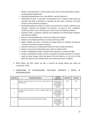 3 Realizar sistematicamente o Gerenciamento pelo Laudo de Demanda (GLD), análise e
atualização pela situação atual;
4 Aquisição de equipamentos com o Selo PROCEL, nível de eficiência A;
5 Substituição de todos os aparelhos condicionadores de ar antigos do tipo janela por
aparelhos tipo Split ou Multisplit ou aparelhos de tipo janela, modernos com baixo
consumo e maior eficiência energética;
6 Substituição gradativa de todos os reatores convencionais por reatores eletrônicos ,das
lâmpadas existentes por lâmpadas mais eficientes do ponto de vista energético-
econômico, utilizar sensor de presença ou corta-circuito nos ambientes próprios;
7 Implantar todas as mudanças sugeridas pelo diagnóstico de Eficientização Energética
elaborado por FURNAS;
8 Executar a individualização dos circuitos por ambiente de trabalho;
9 Realizar a manutenção preventiva nos circuitos elétricos do JBRJ
10 Adotar medidas que levem a economia de energia elétrica no complexo da Pesquisa,
incluindo e sendo fator principal o Herbário;
11 Implantar sistema de ar condicionado eficiente em todo o prédio do Herbário;
12 Reduzir o consumo de energia elétrica per capita em relação a 2012;
13 Estudar a viabilidade de instalar receptores de energia solar nos setores do JBRJ;
14 Estudar a viabilidade de instalar no horto um gerador de energia associado a um sistema
capaz de captar energia cinética das águas do Rio dos Macacos, e, com isso, ter todo
gasto de energia do horto abastecido por esse sistema (ao menos a irrigação).
• META GERAL: até 2015, reduzir em 20% o consumo de energia elétrica per capita em
comparação a 2012.
• CRONOGRAMA DE IMPLEMENTAÇÃO, RESULTADOS ESPERADOS E MATRIZ DE
RESPONSABILIDADES:
Iniciativas Resultados Esperados
Unidade
Responsável
Data Início Data Fim
1
Relatório Técnico-Financeiro do Consumo de energia elétrica no
JBRJ elaborado
Coordenação de
Restauração e
obras (CROMA) e
fiscalização do
contrato
2013 2015
2
Instalação elétrica adequada às normas e padrões exigidos pela
legislação
Coordenação de
Restauração e
Obras (CROMA) e
fiscalização do
contrato
2013 2015
3
Gerenciamento pelo Laudo de Demanda (GLD) executado Coordenação de
Restauração e
Obras (CROMA) e
fiscalização do
contrato
2013 2015
19
 