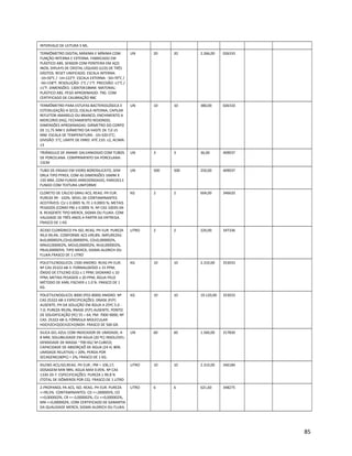 INTERVALO DE LEITURA 5 ML.
TERMÔMETRO DIGITAL MÁXIMA E MÍNIMA COM
FUNÇÃO INTERNA E EXTERNA. FABRICADO EM
PLÁSTICO ABS. SENSOR COM PONTEIRA EM AÇO
INOX, DIPLAYS DE CRISTAL LÍQUIDO (LCD) DE TRÊS
DÍGITOS. RESET UNIFICADO. ESCALA INTERNA:
-10+50°C / -14+122°F. ESCALA EXTERNA: -50+70°C /
-56+158°F. RESOLUÇÃO: 1°C / 1°F. PRECISÃO: ±1°C /
±1°F. DIMENSÕES: 130X70X18MM. MATERIAL:
PLÁSTICO ABS. PESO APROXIMADO: 79G. COM
CERTIFICADO DE CALIBRAÇÃO RBC
UN 20 20 2.266,00 026310
TERMÔMETRO PARA ESTUFAS BACTERIOLÓGICA E
ESTERILIZAÇÃO A SECO, ESCALA INTERNA, CAPILAR
REFLETOR AMARELO OU BRANCO, ENCHIMENTO A
MERCÚRIO (HG), FECHAMENTO REDONDO,
DIMENSÕES APROXIMADAS: DIÂMETRO DO CORPO
DE 11,75 MM E DIÂMETRO DA HASTE DE 7,0 ±5
MM. ESCALA DE TEMPERATURA: -10+320:5°C;
DIVISÃO: 5°C; LIMITE DE ERRO: ATÉ 210: ±2, ACIMA:
±3
UN 10 10 380,00 026310
TRIÂNGULO DE ARAME GALVANIZADO COM TUBOS
DE PORCELANA. COMPRIMENTO DA PORCELANA:
15CM
UN 3 3 36,00 409037
TUBO DE ENSAIO EM VIDRO BOROSILICATO, SEM
ORLA TIPO PYREX, COM AS DIMENSÕES 16MM X
150 MM, COM FUNDO ARREDONDADO, PAREDES E
FUNDO COM TEXTURA UNIFORME
UN 500 500 250,00 409037
CLORETO DE CÁLCIO GRAU ACS, REAG. PH EUR.
PUREZA 99 - 102%. NÍVEL DE CONTAMINANTES
ACEITÁVEIS: CU ≤ 0.0005 %; FE ≤ 0.0003 %; METAIS
PESADOS (COMO PB) ≤ 0.0005 %. Nº CAS 10035-04-
8. REAGENTE TIPO MERCK, SIGMA OU FLUKA. COM
VALIDADE DE TRÊS ANOS A PARTIR DA ENTREGA.
FRASCO DE 1 KG
KG 2 2 604,00 346620
ÁCIDO CLORÍDRICO PA ISO, REAG. PH EUR. PUREZA
99,0-99,4%. CONFORME ACS ≥99,8%. IMPUREZAS:
B≤0,000002%,CD≤0,000005%, CO≤0,000002%,
MN≤0,000002%, MO≤0,000002%, NI≤0,000002%,
PB≤0,000005%. TIPO MERCK, SIGMA-ALDRICH OU
FLUKA.FRASCO DE 1 LITRO´
LITRO 2 2 220,00 347336
POLIETILENOGLICOL 1500 ANIDRO. REAG PH EUR.
Nº CAS 25322-68-3. FORMALDEÍDO ≤ 15 PPM;
ÓXIDO DE ETILENO (CG) ≤ 1 PPM; DIOXANO ≤ 10
PPM; METAIS PESADOS ≤ 20 PPM; ÁGUA PELO
MÉTODO DE KARL FISCHER ≤ 1.0 %. FRASCO DE 1
KG.
KG 10 10 2.310,00 353033
POLIETILENOGLICOL 8000 (PEG 8000) ANIDRO. Nº
CAS 25322-68-3 ESPECIFICAÇÕES: DNASE (P/F)
AUSENTE; PH DA SOLUÇÃO EM ÁGUA A 25ºC 5.0 -
7.0; PUREZA 99,0%; RNASE (P/F) AUSENTE; PONTO
DE SOLIDIFICAÇÃO (ºC) 55 – 64; PM: 7000-9000; Nº
CAS: 25322-68-3; FÓRMULA MOLECULAR:
HOCH2CH2(OCH2CH2)NOH. FRASCO DE 500 GR.
KG 10 10 19.120,00 353033
SILICA GEL AZUL COM INDICADOR DE UMIDADE; 4-
8 MM; SOLUBILIDADE EM AGUA (20 ºC) INSOLÚVEL:
DENSIDADE DE MASSA ~700 KG/ M CUBICO;
CAPACIDADE DE ABSORÇAÕ DE ÁGUA (24 H; 80%
UMIDADE RELATIVA) > 20%; PERDA POR
SECAGEM(180ºC) < 2%; FRASCO DE 1 KG.
UN 60 60 1.560,00 317830
XILENO ACS,ISO,REAG. PH EUR ; PM = 106,17;
DOSAGEM MIN 98%; AGUA MAX 0.05%. Nº CAS
1330-20-7. ESPECIFICAÇÕES: PUREZA ≥ 99.8 %
(TOTAL DE ISÔMEROS POR CG) FRASCO DE 1 LITRO
LITRO 10 10 2.310,00 346184
2-PROPANOL PA ACS, ISO. REAG. PH EUR. PUREZA
>=99,5%. CONTAMINANTES: CD <=,000005%, CO
<=0,000002%, CR <= 0,000002%, CU <=0,000002%,
MN <=0,000002%. COM CERTIFICADO DE GARANTIA
DA QUALIDADE MERCK, SIGMA-ALDRICH OU FLUKA.
LITRO 6 6 621,60 348275
85
 