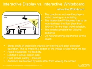 Interactive Display vs. Interactive Whiteboard
                                                                                  Interactive Whiteboard
                                                                     • The coach can not see the players
                                                                       whilst drawing or annotating
                                                                     • The Interactive Whiteboard has to be
                                                                       mounted near the floor (less than
                                                                       100mm) for the ideal working height.
                                                                     • This creates problem for viewing
                                                                       audience
                                                                     • Un-natural writing experience for the
                                                                       coach

  • Steep angle of projection creates key stoning and poor projector
    operation. This is where the bottom of the image is wider than the top
  • Fixed installation, no flexibility.
  • Limited in actual screen size
  • Poor picture quality – Hotspot
  • Audience are blocked by each other from viewing the screen
10 • Confidential All Rights Reserved. Copyright © 2009 Wacom Co., Ltd.
 