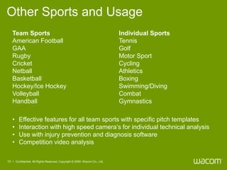 Other Sports and Usage
   Team Sports                                                            Individual Sports
   American Football                                                      Tennis
   GAA                                                                    Golf
   Rugby                                                                  Motor Sport
   Cricket                                                                Cycling
   Netball                                                                Athletics
   Basketball                                                             Boxing
   Hockey/Ice Hockey                                                      Swimming/Diving
   Volleyball                                                             Combat
   Handball                                                               Gymnastics

   •    Effective features for all team sports with specific pitch templates
   •    Interaction with high speed camera’s for individual technical analysis
   •    Use with injury prevention and diagnosis software
   •    Competition video analysis

13 • Confidential All Rights Reserved. Copyright © 2009 Wacom Co., Ltd.
 