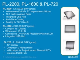 PL-2200, PL-1600 & PL-720
PL-2200 - £1,599.99 SRP (gross)
 Widescreen Full HD 22” large screen (56cm)
 16:9 Native Aspect Ratio
 Integrated USB Hub
 Anti Glare Coating
 Scaling for 16:10 & 4:3

PL-1600 - £979.99 SRP (gross)
 Compact 16“ Display
 Widescreen 16:9 HD
 Connect via DVI/VGA to Projectors/Plasma/LCD
 Integrated USB Hub


  PL-720 - £1,099.99 SRP (gross)
  • 17” Display
  • Compact 4:3 Aspect Ratio
  • VGA output for Projectors and Plasma/LCD’s
  • Integrated USB Hub
14 • Confidential All Rights Reserved. Copyright © 2009 Wacom Co., Ltd.
 