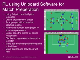 PL using Uniboard Software for
Match Preperation
• Using full pitch and half pitch
  templates
• Create organised set pieces
• Arrange opposition based on
  scouting reports
• Name and number each player to
  your own preference
• Colour code the teams for easier
  recognition
• Display on big screen to team prior
  to match
• Make add-hoc changes before game
  or half time
• Move players and draw lines with
  Pen

17 • Confidential All Rights Reserved. Copyright © 2009 Wacom Co., Ltd.
 