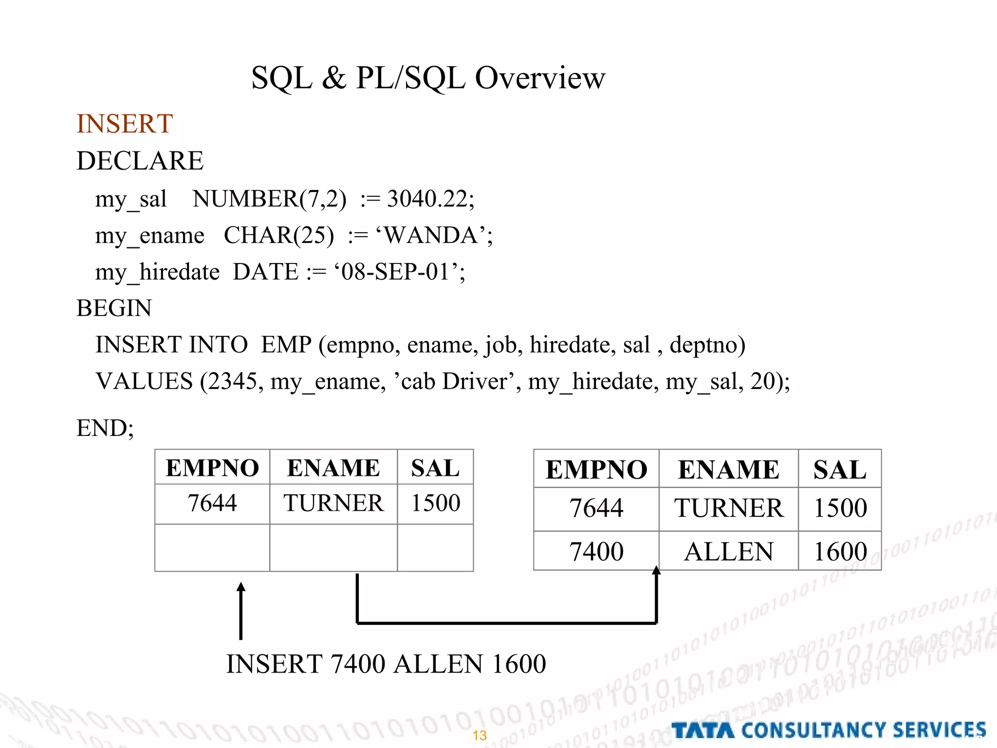 SQL & PL/SQL Overview  DECLARE my_sal  NUMBER(7,2)  := 3040.22; my_ename  CHAR(25)  := ‘WANDA’; my_hiredate  DATE := ‘08-SEP-01’; BEGIN  INSERT INTO  EMP (empno, ename, job, hiredate, sal , deptno) VALUES (2345, my_ename, ’cab Driver’, my_hiredate, my_sal, 20); END;   INSERT 7400 ALLEN 1600 INSERT 