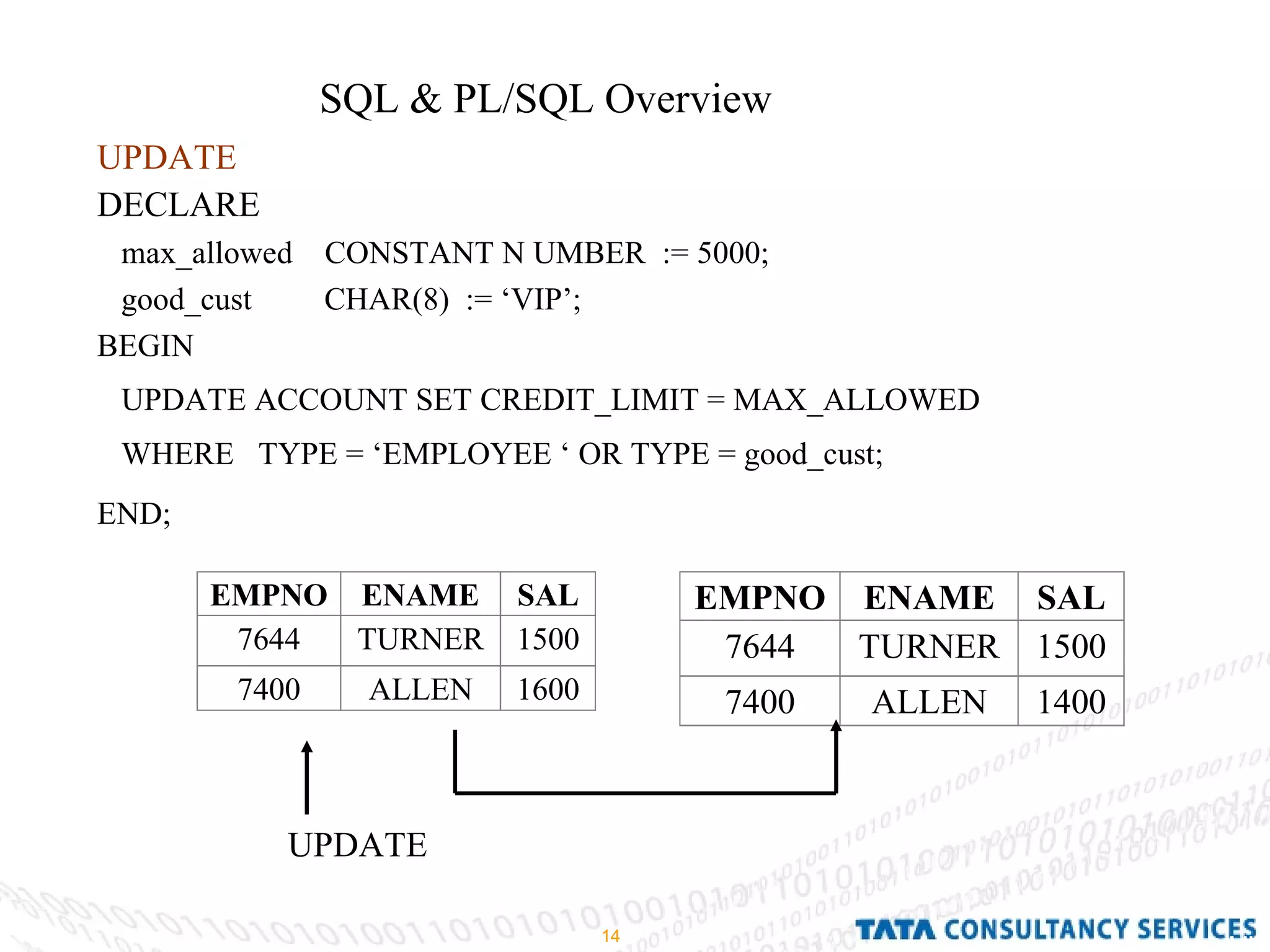 SQL & PL/SQL Overview  DECLARE max_allowed  CONSTANT N UMBER  := 5000; good_cust  CHAR(8)  := ‘VIP’; BEGIN  UPDATE ACCOUNT SET CREDIT_LIMIT = MAX_ALLOWED  WHERE  TYPE = ‘EMPLOYEE ‘ OR TYPE = good_cust; END;   UPDATE UPDATE 