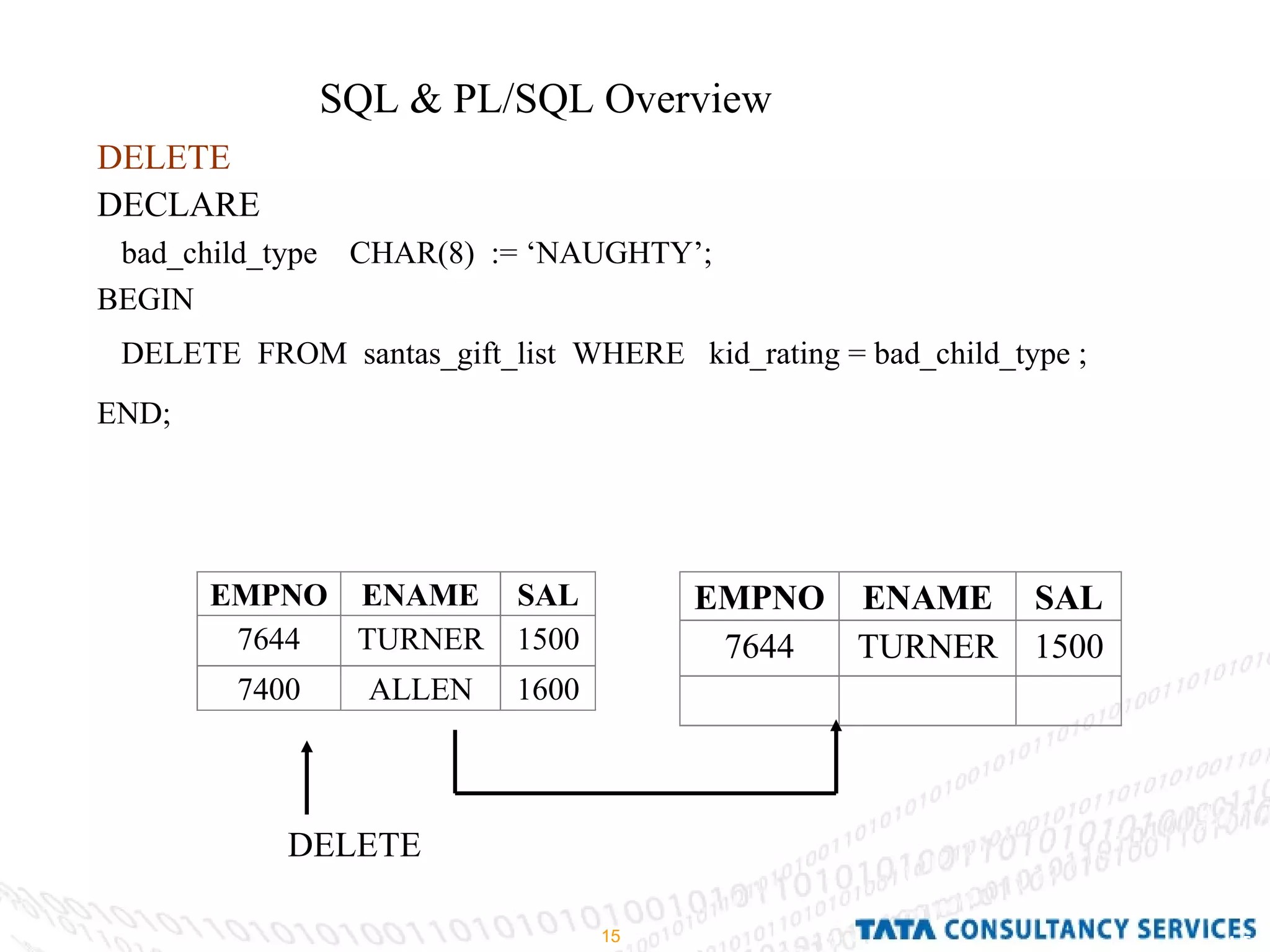 SQL & PL/SQL Overview  DECLARE bad_child_type  CHAR(8)  := ‘NAUGHTY’; BEGIN  DELETE  FROM  santas_gift_list  WHERE  kid_rating = bad_child_type ; END;   DELETE DELETE 
