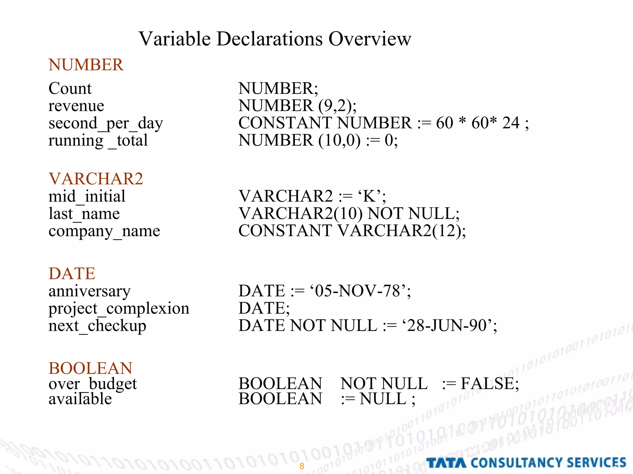 NUMBER Count NUMBER; revenue  NUMBER (9,2); second_per_day  CONSTANT NUMBER := 60 * 60* 24 ; running _total  NUMBER (10,0) := 0;  VARCHAR2 mid_initial  VARCHAR2 := ‘K’; last_name  VARCHAR2(10) NOT NULL;  company_name  CONSTANT VARCHAR2(12); DATE anniversary  DATE := ‘05-NOV-78’; project_complexion  DATE; next_checkup  DATE NOT NULL := ‘28-JUN-90’; BOOLEAN over_budget  BOOLEAN  NOT NULL  := FALSE; available   BOOLEAN  := NULL ; Variable Declarations Overview 