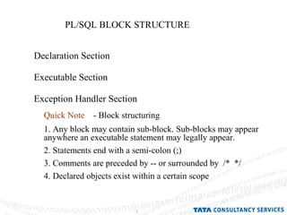 PL/SQL BLOCK STRUCTURE Declaration Section Executable Section Exception Handler Section Quick Note   - Block structuring 1. Any block may contain sub-block. Sub-blocks may appear anywhere an executable statement may legally appear. 2. Statements end with a semi-colon (;) 3. Comments are preceded by -- or surrounded by  /*  */ 4. Declared objects exist within a certain scope 