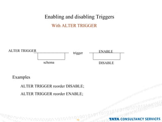 Enabling and disabling Triggers With ALTER TRIGGER ENABLE DISABLE ALTER TRIGGER Examples ALTER TRIGGER reorder DISABLE; ALTER TRIGGER reorder ENABLE; schema trigger 