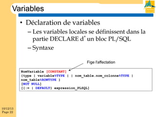 Variables
•  Déclaration de variables
–  Les variables locales se définissent dans la
partie DECLARE d’un bloc PL/SQL
–  Syntaxe
Fige l'affectation
NomVariable [CONSTANT]
{type | variable%TYPE | | nom_table.nom_colonne%TYPE |
nom_table%ROWTYPE }
[NOT NULL]
[{:= | DEFAULT} expression_PLSQL]

10/12/13
Page 22

 