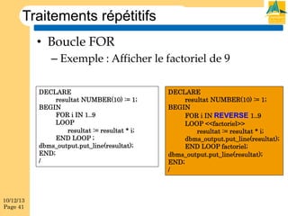 Traitements répétitifs
•  Boucle FOR
–  Exemple : Afficher le factoriel de 9
DECLARE
resultat NUMBER(10) := 1;
BEGIN
FOR i IN 1..9
LOOP
resultat := resultat * i;
END LOOP ;
dbms_output.put_line(resultat);
END;
/

10/12/13
Page 41

DECLARE
resultat NUMBER(10) := 1;
BEGIN
FOR i IN REVERSE 1..9
LOOP <<factoriel>>
resultat := resultat * i;
dbms_output.put_line(resultat);
END LOOP factoriel;
dbms_output.put_line(resultat);
END;
/

 