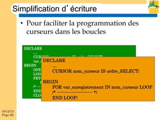 Simplification d’écriture
•  Pour faciliter la programmation des
curseurs dans les boucles
DECLARE
…
CURSOR nom_curseur IS ordre_SELECT;
DECLARE
var_enregistrement nom_curseur%ROWTYPE;
BEGIN
…
OPEN nom_curseur;
CURSOR nom_curseur IS ordre_SELECT;
LOOP
FETCH nom_curseur INTO var_enregistrement;
BEGIN
EXIT WHEN nom_curseur%NOTFOUND;
/* ------------------------------------ */
FOR var_enregistrement IN nom_curseur LOOP
END LOOP;
/* ------------------------ */
CLOSE dept_21;

END LOOP;

10/12/13
Page 69

 