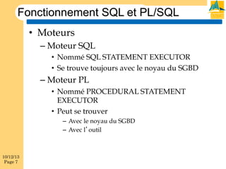 Fonctionnement SQL et PL/SQL
•  Moteurs
–  Moteur SQL
•  Nommé SQL STATEMENT EXECUTOR
•  Se trouve toujours avec le noyau du SGBD

–  Moteur PL
•  Nommé PROCEDURAL STATEMENT
EXECUTOR
•  Peut se trouver
–  Avec le noyau du SGBD
–  Avec l’outil

10/12/13
Page 7

 