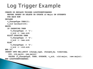 CREATE OR REPLACE TRIGGER LOGSTUDENTCHANGES
BEFORE INSERT OR DELETE OR UPDATE of Major ON STUDENTS
FOR EACH ROW
DECLARE
v_ChangeType CHAR(1);
v_sid varchar2(10);
BEGIN
IF INSERTING THEN
V_ChangeType := 'I';
v_sid := :new.sid;
ELSIF UPDATING THEN
V_ChangeType := 'U';
v_sid := :new.sid;
ELSE
V_ChangeType := 'D';
v_sid := :old.sid;
END IF;
INSERT INTO MAJ_AUDIT (change_type, changed_by, timestamp,
SID, old_major, new_major)
VALUES (v_ChangeType, USER, SYSDATE, v_sid, :old.major, :new.major);
END LOGSTUDENTCHANGES;
 