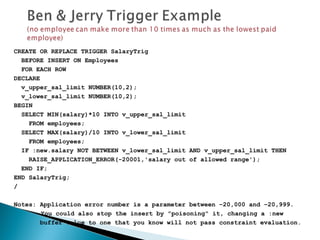 CREATE OR REPLACE TRIGGER SalaryTrig
BEFORE INSERT ON Employees
FOR EACH ROW
DECLARE
v_upper_sal_limit NUMBER(10,2);
v_lower_sal_limit NUMBER(10,2);
BEGIN
SELECT MIN(salary)*10 INTO v_upper_sal_limit
FROM employees;
SELECT MAX(salary)/10 INTO v_lower_sal_limit
FROM employees;
IF :new.salary NOT BETWEEN v_lower_sal_limit AND v_upper_sal_limit THEN
RAISE_APPLICATION_ERROR(-20001,'salary out of allowed range');
END IF;
END SalaryTrig;
/
Notes: Application error number is a parameter between –20,000 and –20,999.
You could also stop the insert by "poisoning" it, changing a :new
buffer value to one that you know will not pass constraint evaluation.
 