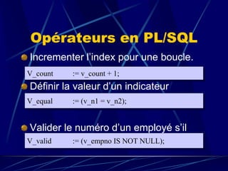 Opérateurs en PL/SQL
Incrementer l’index pour une boucle.
Définir la valeur d’un indicateur
booléen.
Valider le numéro d’un employé s’il
contient une valeur
V_count := v_count + 1;
V_equal := (v_n1 = v_n2);
V_valid := (v_empno IS NOT NULL);
 