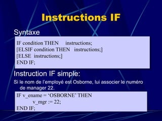 Instructions IF
Syntaxe
Instruction IF simple:
Si le nom de l’employé est Osborne, lui associer le numéro
de manager 22.
IF condition THEN instructions;
[ELSIF condition THEN instructions;]
[ELSE instructions;]
END IF;
IF v_ename = ‘OSBORNE’ THEN
v_mgr := 22;
END IF;
 