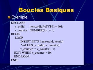 Boucles Basiques
Exemple
DECLARE
v_ordid item.ordid.%TYPE := 601;
v_counter NUMBER(2) := 1;
BEGIN
LOOP
INSERT INTO item(ordid, itemid)
VALUES (v_ordid, v_counter);
v_counter := v_counter + 1;
EXIT WHEN v_counter > 10;
END LOOP;
END;
 