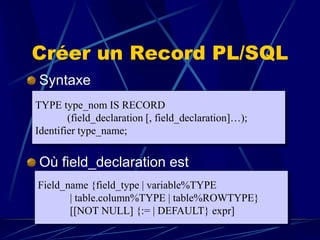 Créer un Record PL/SQL
Syntaxe
Où field_declaration est
TYPE type_nom IS RECORD
(field_declaration [, field_declaration]…);
Identifier type_name;
Field_name {field_type | variable%TYPE
| table.column%TYPE | table%ROWTYPE}
[[NOT NULL] {:= | DEFAULT} expr]
 