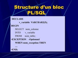 Structure d’un bloc
PL/SQL
DECLARE
v_variable VARCHAR2(5);
BEGIN
SELECT nom_colonne
INTO v_variable
FROM nom_table;
•EXCEPTION -Optionnel
WHEN nom_exception THEN
…
•END;
 