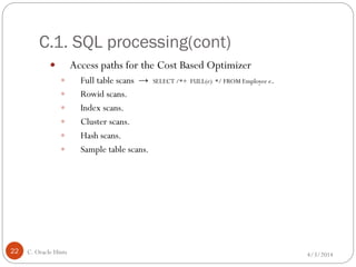 C.1. SQL processing(cont)
4/3/2014C. Oracle Hints22
 Access paths for the Cost Based Optimizer
 Full table scans → SELECT /*+ FULL(e) */ FROM Employee e.
 Rowid scans.
 Index scans.
 Cluster scans.
 Hash scans.
 Sample table scans.
 
