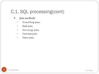 C.1. SQL processing(cont)
4/3/2014C. Oracle Hints23
 Join methods
 Nested loop joins.
 Hash joins.
 Sort merge joins.
 Cartesian joins.
 Outer joins.
 