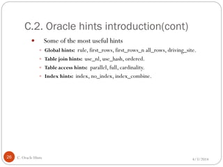 C.2. Oracle hints introduction(cont)
4/3/2014C. Oracle Hints26
 Some of the most useful hints
 Global hints: rule, first_rows, first_rows_n all_rows, driving_site.
 Table join hints: use_nl, use_hash, ordered.
 Table access hints: parallel, full, cardinality.
 Index hints: index, no_index, index_combine.
 
