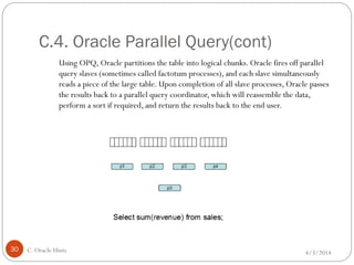 C.4. Oracle Parallel Query(cont)
4/3/2014C. Oracle Hints30
Using OPQ, Oracle partitions the table into logical chunks. Oracle fires off parallel
query slaves (sometimes called factotum processes), and each slave simultaneously
reads a piece of the large table. Upon completion of all slave processes, Oracle passes
the results back to a parallel query coordinator, which will reassemble the data,
perform a sort if required, and return the results back to the end user.
 