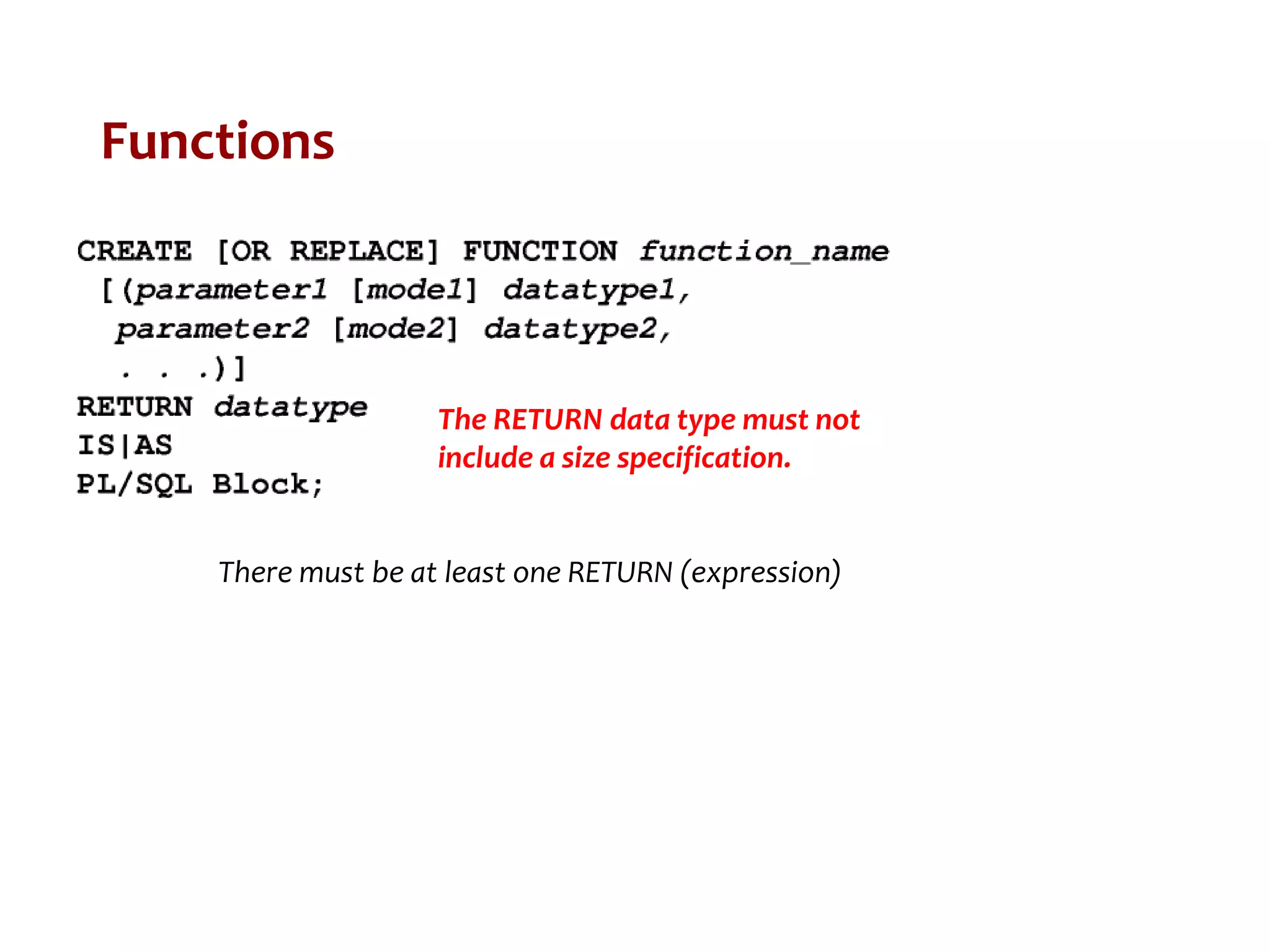 Functions
The RETURN data type must not
include a size specification.
There must be at least one RETURN (expression)
 