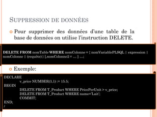 SUPPRESSION DE DONNÉES


Pour supprimer des données d’une table de la
base de données on utilise l’instruction DELETE.

DELETE FROM nomTable WHERE nomColonne = { nomVariablePLSQL | expression |
nomColonne | (requête) } [,nomColonne2 = … ] …;



Exemple:

DECLARE
v_price NUMBER(3,1) := 15.5;
BEGIN
DELETE FROM T_Product WHERE PricePerUnit > v_price;
DELETE FROM T_Product WHERE name=’Lait’;
COMMIT;
END;
/

12

 