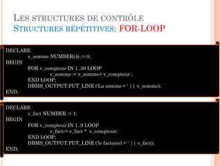 LES STRUCTURES DE CONTRÔLE
STRUCTURES RÉPÉTITIVES: FOR-LOOP
DECLARE
v_somme NUMBER(4) := 0;
BEGIN
FOR v_compteur IN 1..50 LOOP
v_somme := v_somme+ v_compteur ;
END LOOP;
DBMS_OUTPUT.PUT_LINE ('La somme = ' || v_somme);
END;
DECLARE
v_fact NUMBER := 1;
BEGIN
FOR v_compteur IN 1..9 LOOP
v_fact:= v_fact * v_compteur;
END LOOP;
DBMS_OUTPUT.PUT_LINE ('le factoriel = ' || v_fact);
END;

34

 