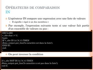 OPÉRATEURS DE COMPARAISON
IN


L'opérateur IN compare une expression avec une liste de valeurs




Il signifie « égal à un des membres »

Par exemple, l’expression suivante teste si une valeur fait partie
d'un ensemble de valeurs ou pas :

DECLARE
v_nbr char := 't';
begin
IF v_nbr IN ('a','b','t') THEN
dbms_output.put_line('le caractère est dans la liste');
END IF;
end;
/


On peut inverser la condition

if v_nbr NOT IN ('a','b','t') THEN
dbms_output.put_line('le caractère n est pas dans la liste');
end if;

41

 