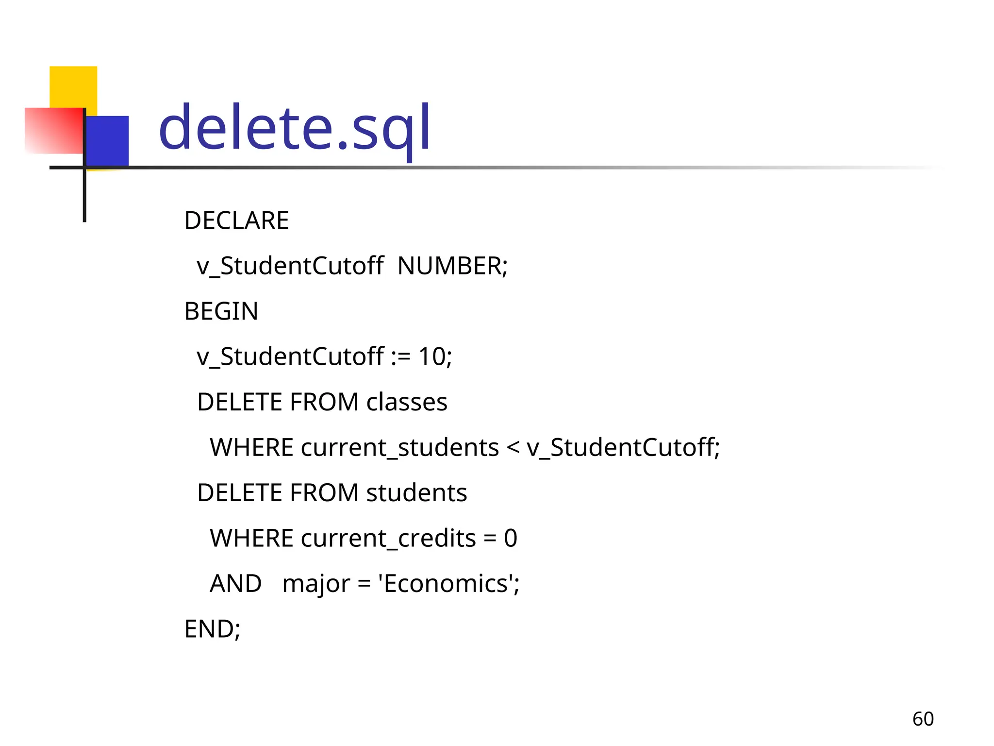 60
delete.sql
DECLARE
v_StudentCutoff NUMBER;
BEGIN
v_StudentCutoff := 10;
DELETE FROM classes
WHERE current_students < v_StudentCutoff;
DELETE FROM students
WHERE current_credits = 0
AND major = 'Economics';
END;
 