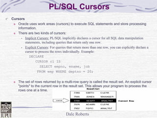 Dale Roberts
PL/SQL Cursors
Cursors
Oracle uses work areas (cursors) to execute SQL statements and store processing
information.
There are two kinds of cursors:
• Implicit Cursors: PL/SQL implicitly declares a cursor for all SQL data manipulation
statements, including queries that return only one row.
• Explicit Cursors: For queries that return more than one row, you can explicitly declare a
cursor to process the rows individually. Example:
DECLARE
CURSOR c1 IS
SELECT empno, ename, job
FROM emp WHERE deptno = 20;
The set of rows returned by a multi-row query is called the result set. An explicit cursor
"points" to the current row in the result set. This allows your program to process the
rows one at a time.
 