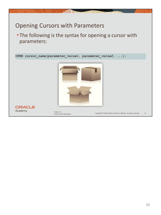11
Copyright © 2020, Oracle and/or its affiliates. All rights reserved.
PLSQL 5-4
Cursors with Parameters
Opening Cursors with Parameters
•The following is the syntax for opening a cursor with
parameters:
11
OPEN cursor_name(parameter_value1, parameter_value2, ...);
 