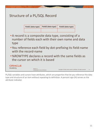 PL/SQL variables and cursors have attributes, which are properties that let you reference the data
type and structure of an item without repeating its definition. A percent sign (%) serves as the
attribute indicator.
11
Copyright © 2020, Oracle and/or its affiliates. All rights reserved.
PLSQL 5-2
Using Explicit Cursor Attributes
Structure of a PL/SQL Record
•A record is a composite data type, consisting of a
number of fields each with their own name and data
type
•You reference each field by dot-prefixing its field-name
with the record-name
•%ROWTYPE declares a record with the same fields as
the cursor on which it is based
11
Field2 (data type) Field3 (data type)
Field1 (data type)
 