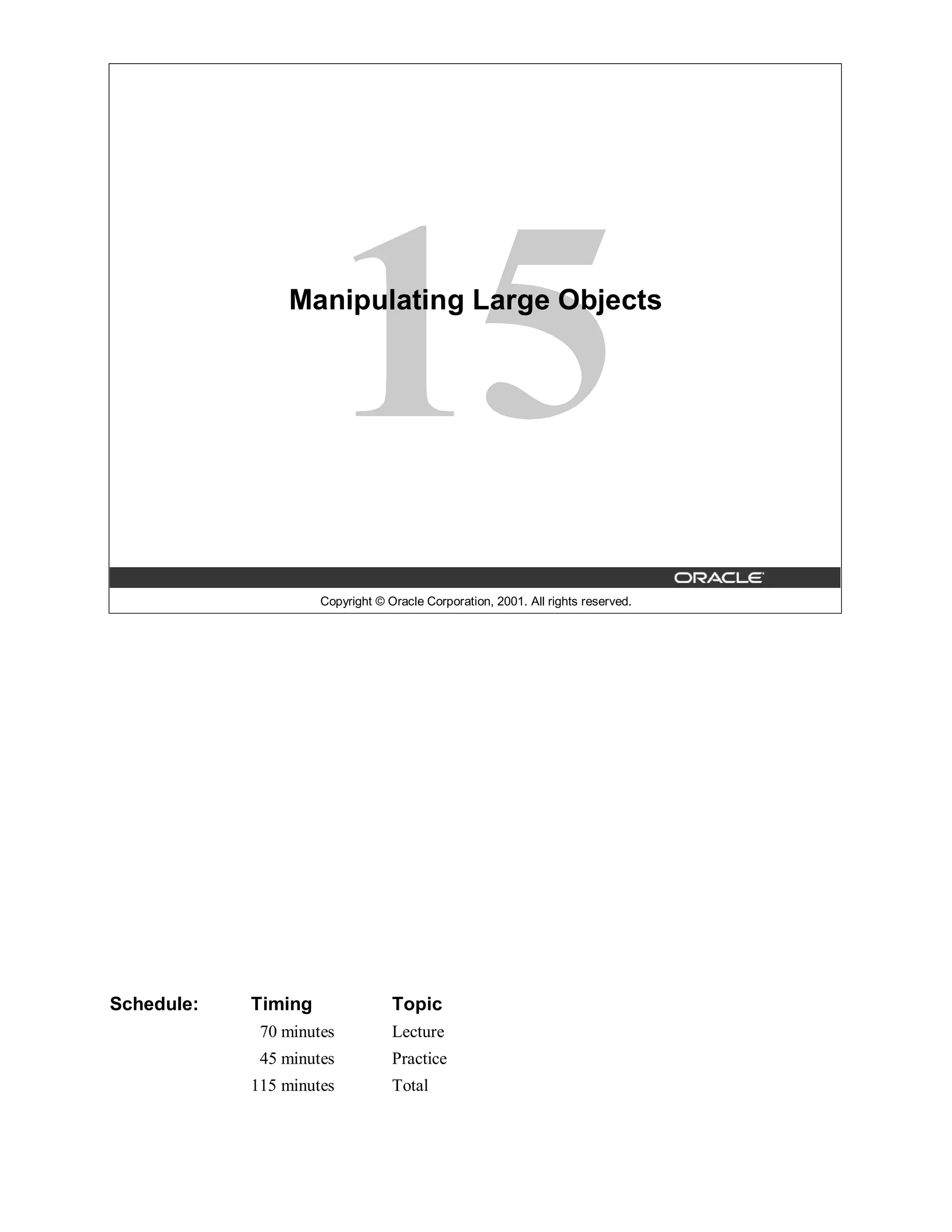 Manipulating Large Objects




                     Copyright © Oracle Corporation, 2001. All rights reserved.




Schedule:   Timing                Topic
             70 minutes           Lecture
             45 minutes           Practice
            115 minutes           Total
 