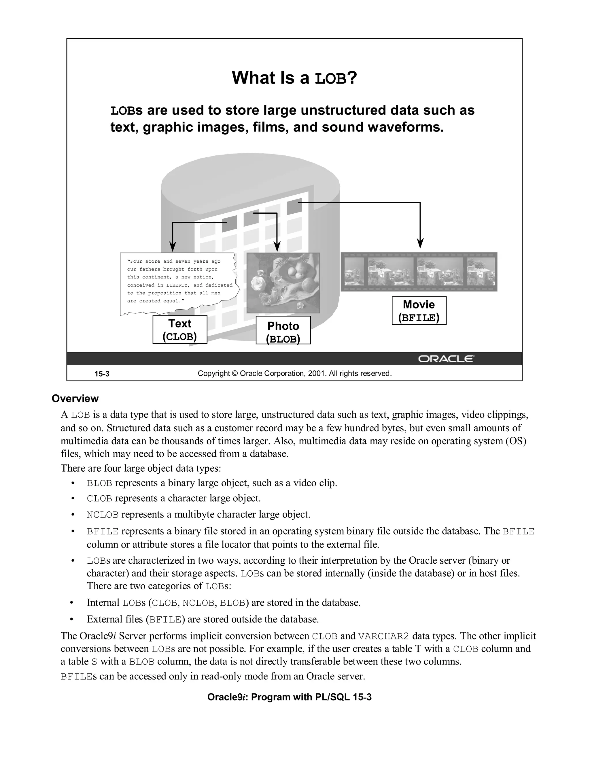 What Is a LOB?
                 LOBs are used to store large unstructured data such as
                 text, graphic images, films, and sound waveforms.




                   “Four score and seven years ago
                   our fathers brought forth upon
                   this continent, a new nation,
                   conceived in LIBERTY, and dedicated
                   to the proposition that all men
                   are created equal.”
                                                                                                        Movie
                                                                                                       (BFILE)
                               Text                           Photo
                              (CLOB)                          (BLOB)

          15-3                            Copyright © Oracle Corporation, 2001. All rights reserved.


Overview
 A LOB is a data type that is used to store large, unstructured data such as text, graphic images, video clippings,
 and so on. Structured data such as a customer record may be a few hundred bytes, but even small amounts of
 multimedia data can be thousands of times larger. Also, multimedia data may reside on operating system (OS)
 files, which may need to be accessed from a database.
 There are four large object data types:
    • BLOB represents a binary large object, such as a video clip.
    • CLOB represents a character large object.
    •   NCLOB represents a multibyte character large object.
    •   BFILE represents a binary file stored in an operating system binary file outside the database. The BFILE
        column or attribute stores a file locator that points to the external file.
    •   LOBs are characterized in two ways, according to their interpretation by the Oracle server (binary or
        character) and their storage aspects. LOBs can be stored internally (inside the database) or in host files.
        There are two categories of LOBs:
    •   Internal LOBs (CLOB, NCLOB, BLOB) are stored in the database.
    •   External files (BFILE) are stored outside the database.
  The Oracle9i Server performs implicit conversion between CLOB and VARCHAR2 data types. The other implicit
  conversions between LOBs are not possible. For example, if the user creates a table T with a CLOB column and
  a table S with a BLOB column, the data is not directly transferable between these two columns.
  BFILEs can be accessed only in read-only mode from an Oracle server.
                                             Oracle9i: Program with PL/SQL 15-3
 
