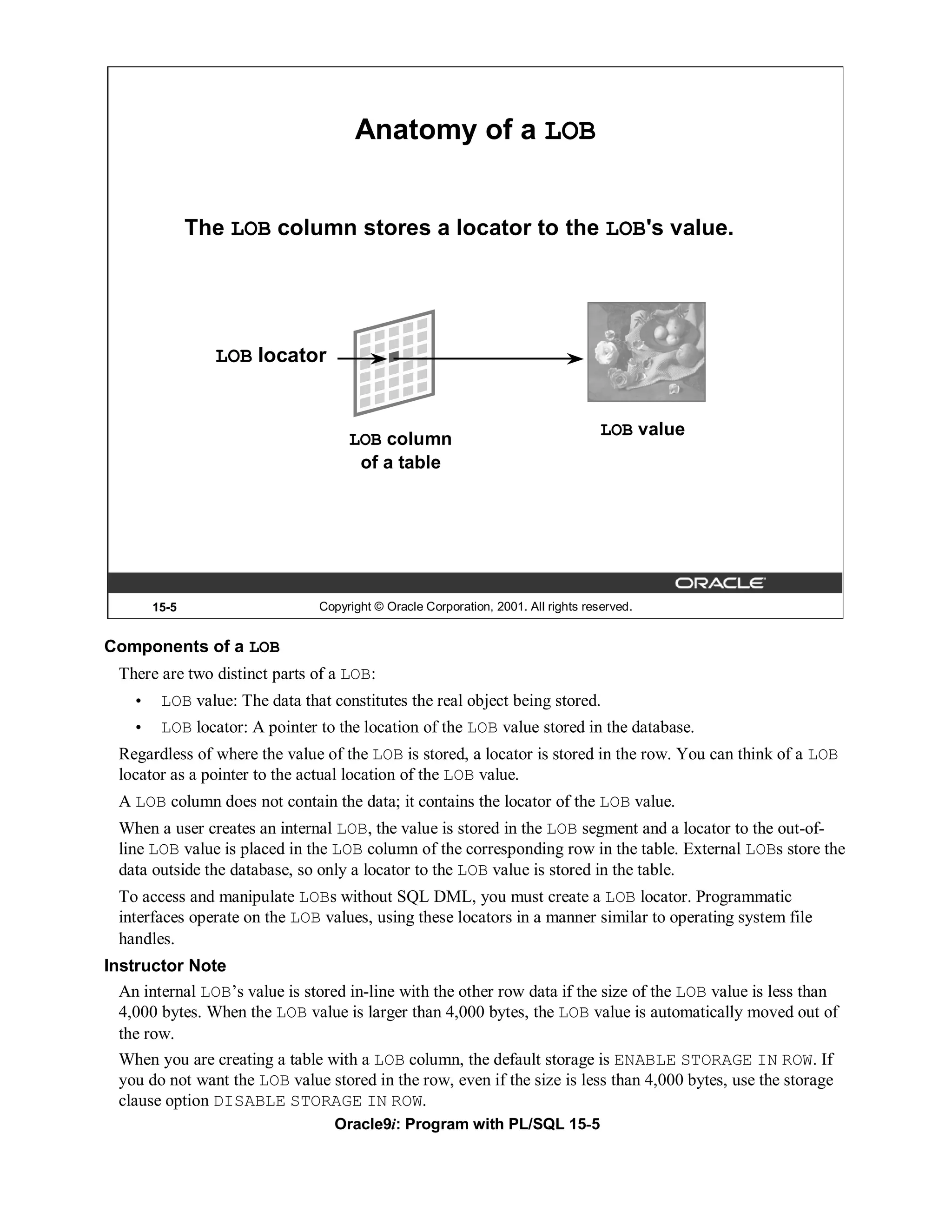 Anatomy of a LOB


               The LOB column stores a locator to the LOB's value.




                 LOB locator


                                                                                    LOB value
                                     LOB column
                                      of a table




        15-5                    Copyright © Oracle Corporation, 2001. All rights reserved.


Components of a LOB
  There are two distinct parts of a LOB:
    •    LOB value: The data that constitutes the real object being stored.
    •    LOB locator: A pointer to the location of the LOB value stored in the database.
  Regardless of where the value of the LOB is stored, a locator is stored in the row. You can think of a LOB
  locator as a pointer to the actual location of the LOB value.
  A LOB column does not contain the data; it contains the locator of the LOB value.
  When a user creates an internal LOB, the value is stored in the LOB segment and a locator to the out-of-
  line LOB value is placed in the LOB column of the corresponding row in the table. External LOBs store the
  data outside the database, so only a locator to the LOB value is stored in the table.
  To access and manipulate LOBs without SQL DML, you must create a LOB locator. Programmatic
  interfaces operate on the LOB values, using these locators in a manner similar to operating system file
  handles.
Instructor Note
  An internal LOB’s value is stored in-line with the other row data if the size of the LOB value is less than
  4,000 bytes. When the LOB value is larger than 4,000 bytes, the LOB value is automatically moved out of
  the row.
  When you are creating a table with a LOB column, the default storage is ENABLE STORAGE IN ROW. If
  you do not want the LOB value stored in the row, even if the size is less than 4,000 bytes, use the storage
  clause option DISABLE STORAGE IN ROW.
                                   Oracle9i: Program with PL/SQL 15-5
 