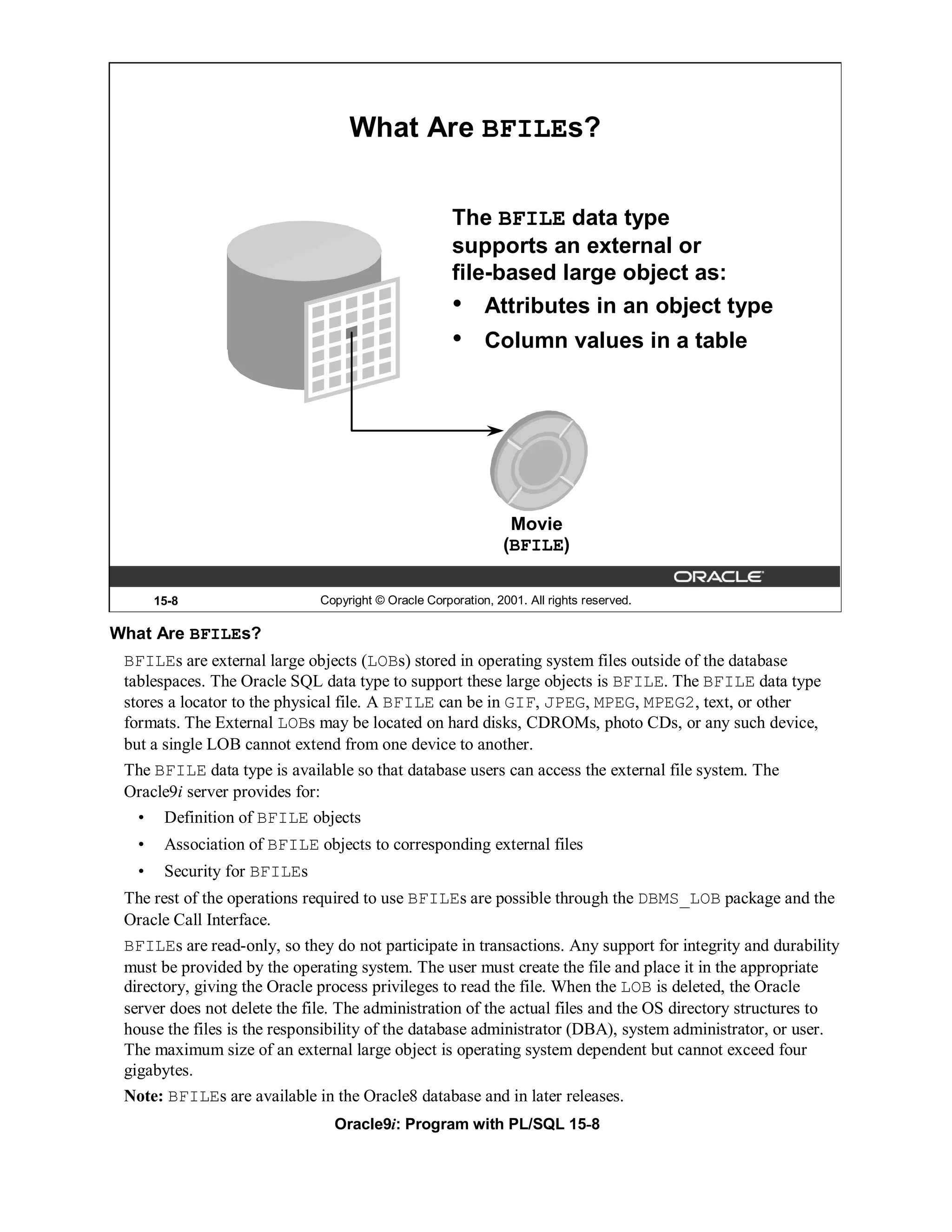 What Are BFILEs?


                                                      The BFILE data type
                                                      supports an external or
                                                      file-based large object as:
                                                      • Attributes in an object type
                                                      •     Column values in a table




                                                                 Movie
                                                                (BFILE)

       15-8                   Copyright © Oracle Corporation, 2001. All rights reserved.

What Are BFILEs?
 BFILEs are external large objects (LOBs) stored in operating system files outside of the database
 tablespaces. The Oracle SQL data type to support these large objects is BFILE. The BFILE data type
 stores a locator to the physical file. A BFILE can be in GIF, JPEG, MPEG, MPEG2, text, or other
 formats. The External LOBs may be located on hard disks, CDROMs, photo CDs, or any such device,
 but a single LOB cannot extend from one device to another.
 The BFILE data type is available so that database users can access the external file system. The
 Oracle9i server provides for:
  • Definition of BFILE objects
   •    Association of BFILE objects to corresponding external files
   •    Security for BFILEs
 The rest of the operations required to use BFILEs are possible through the DBMS_LOB package and the
 Oracle Call Interface.
 BFILEs are read-only, so they do not participate in transactions. Any support for integrity and durability
 must be provided by the operating system. The user must create the file and place it in the appropriate
 directory, giving the Oracle process privileges to read the file. When the LOB is deleted, the Oracle
 server does not delete the file. The administration of the actual files and the OS directory structures to
 house the files is the responsibility of the database administrator (DBA), system administrator, or user.
 The maximum size of an external large object is operating system dependent but cannot exceed four
 gigabytes.
 Note: BFILEs are available in the Oracle8 database and in later releases.
                                Oracle9i: Program with PL/SQL 15-8
 