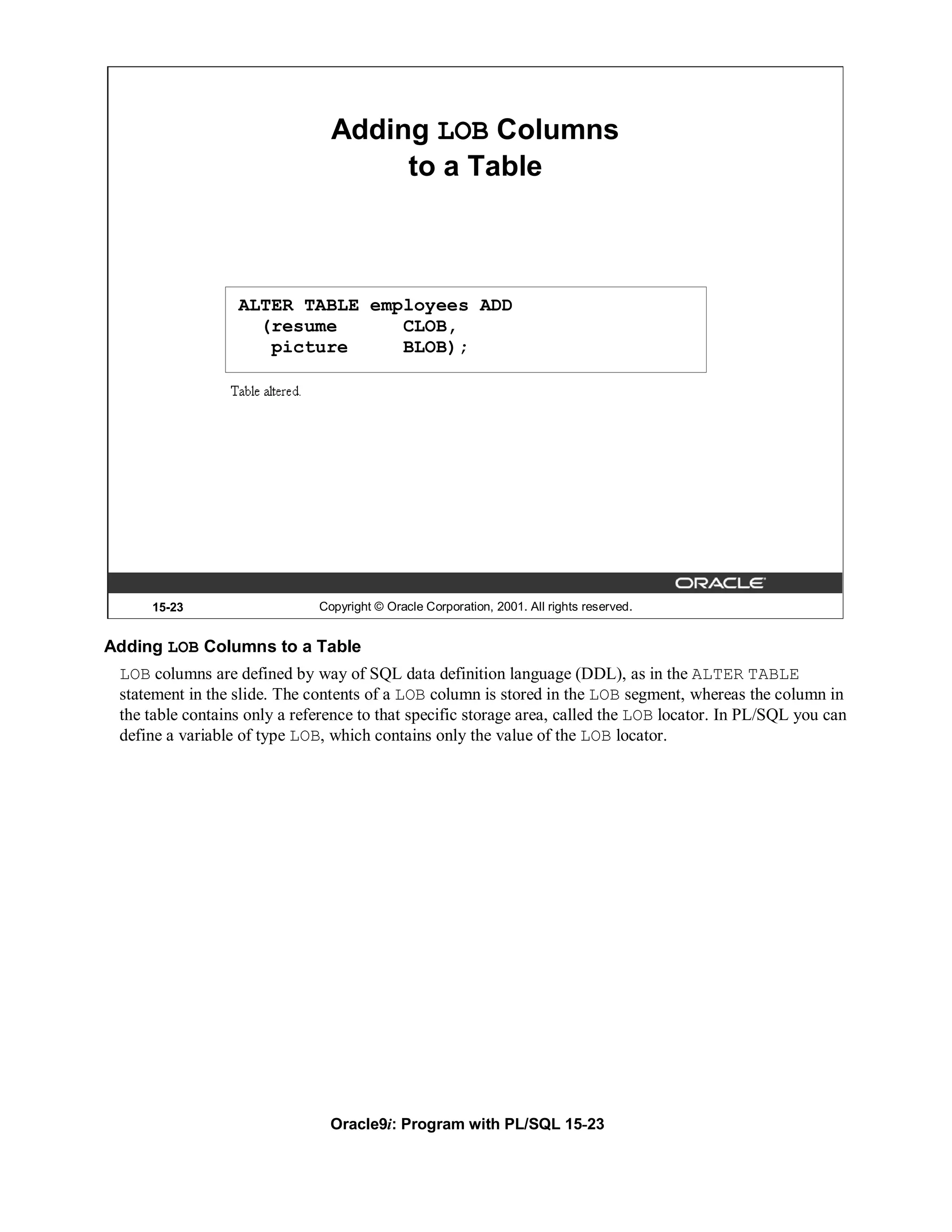 Adding LOB Columns
                                     to a Table



                  ALTER TABLE employees ADD
                    (resume      CLOB,
                     picture     BLOB);




     15-23                    Copyright © Oracle Corporation, 2001. All rights reserved.


Adding LOB Columns to a Table
 LOB columns are defined by way of SQL data definition language (DDL), as in the ALTER TABLE
 statement in the slide. The contents of a LOB column is stored in the LOB segment, whereas the column in
 the table contains only a reference to that specific storage area, called the LOB locator. In PL/SQL you can
 define a variable of type LOB, which contains only the value of the LOB locator.




                                Oracle9i: Program with PL/SQL 15-23
 