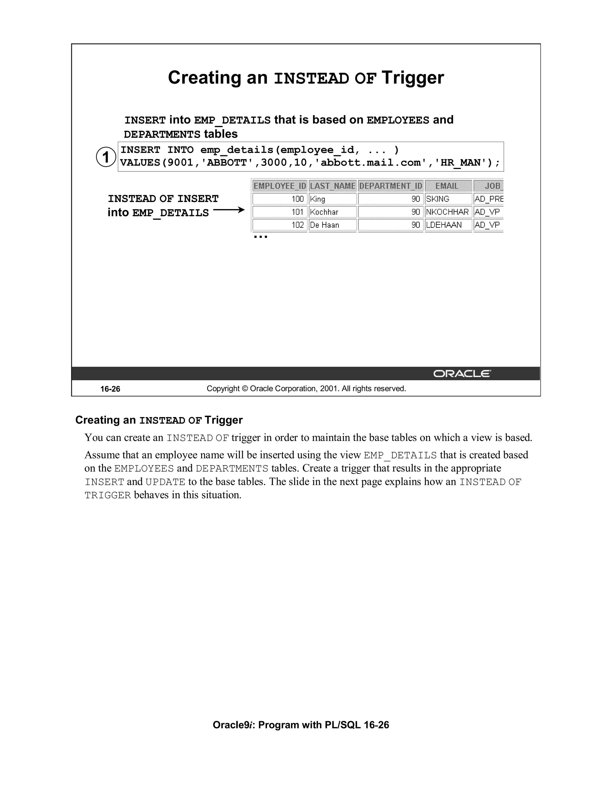 Creating an INSTEAD OF Trigger

            INSERT into EMP_DETAILS that is based on EMPLOYEES and
            DEPARTMENTS tables
        INSERT INTO emp_details(employee_id, ... )
    1   VALUES(9001,'ABBOTT',3000,10,'abbott.mail.com','HR_MAN');


      INSTEAD OF INSERT
      into EMP_DETAILS
                                         …




    16-26                   Copyright © Oracle Corporation, 2001. All rights reserved.



Creating an INSTEAD OF Trigger
 You can create an INSTEAD OF trigger in order to maintain the base tables on which a view is based.
 Assume that an employee name will be inserted using the view EMP_DETAILS that is created based
 on the EMPLOYEES and DEPARTMENTS tables. Create a trigger that results in the appropriate
 INSERT and UPDATE to the base tables. The slide in the next page explains how an INSTEAD OF
 TRIGGER behaves in this situation.




                             Oracle9i: Program with PL/SQL 16-26
 