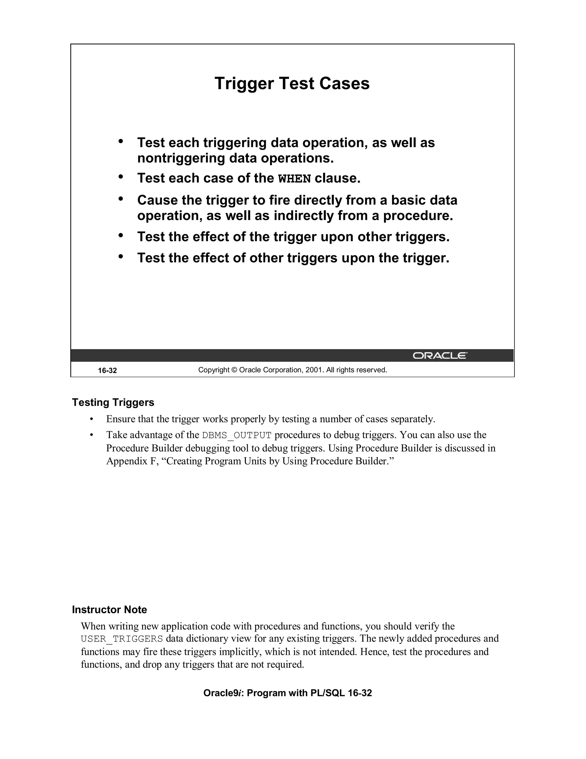 Trigger Test Cases


               •   Test each triggering data operation, as well as
                   nontriggering data operations.
               •   Test each case of the WHEN clause.
               •   Cause the trigger to fire directly from a basic data
                   operation, as well as indirectly from a procedure.
               •   Test the effect of the trigger upon other triggers.
               •   Test the effect of other triggers upon the trigger.




       16-32                   Copyright © Oracle Corporation, 2001. All rights reserved.



Testing Triggers
   •     Ensure that the trigger works properly by testing a number of cases separately.
   •     Take advantage of the DBMS_OUTPUT procedures to debug triggers. You can also use the
         Procedure Builder debugging tool to debug triggers. Using Procedure Builder is discussed in
         Appendix F, “Creating Program Units by Using Procedure Builder.”




Instructor Note
 When writing new application code with procedures and functions, you should verify the
 USER_TRIGGERS data dictionary view for any existing triggers. The newly added procedures and
 functions may fire these triggers implicitly, which is not intended. Hence, test the procedures and
 functions, and drop any triggers that are not required.

                                Oracle9i: Program with PL/SQL 16-32
 
