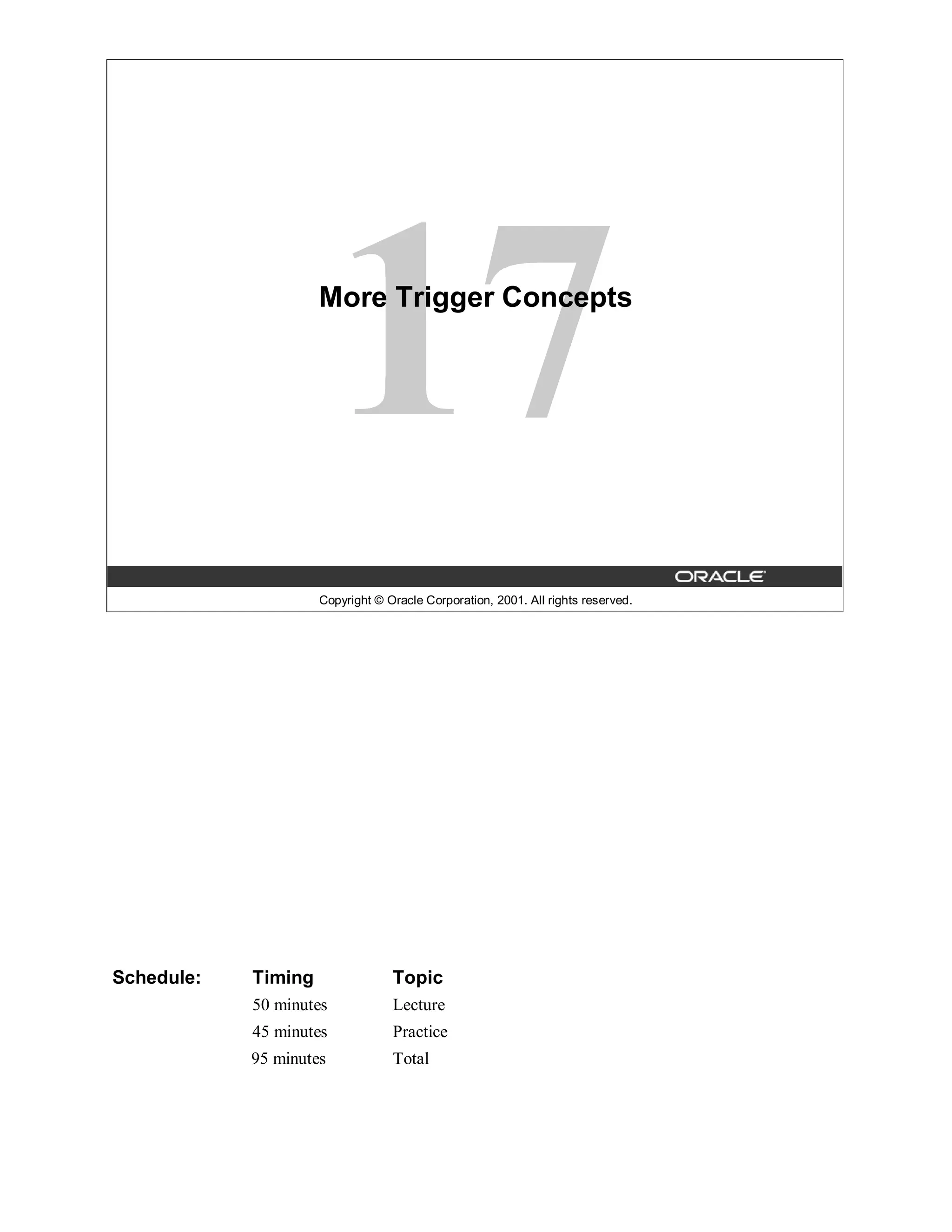 More Trigger Concepts




                     Copyright © Oracle Corporation, 2001. All rights reserved.




Schedule:   Timing                Topic
            50 minutes            Lecture
            45 minutes            Practice
            95 minutes            Total
 