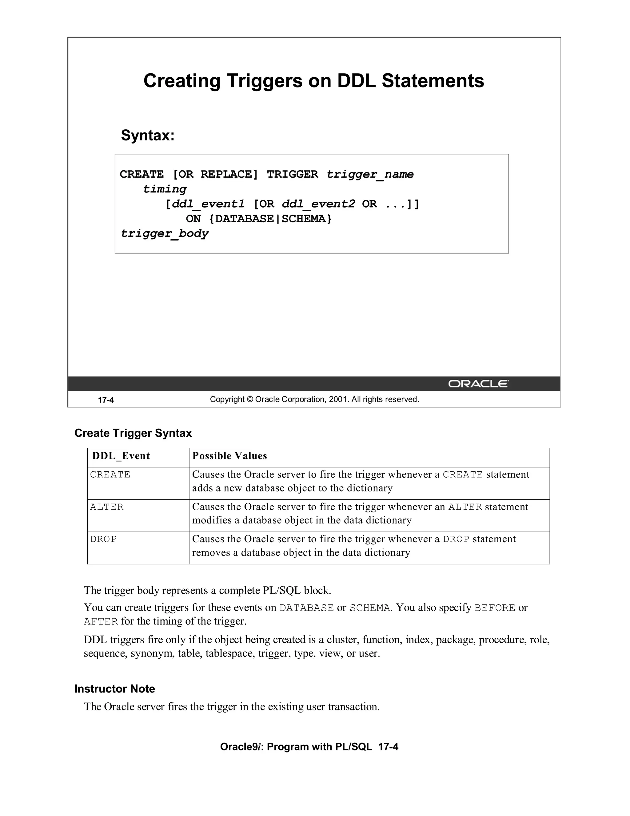 Creating Triggers on DDL Statements

           Syntax:

           CREATE [OR REPLACE] TRIGGER trigger_name
              timing
                 [ddl_event1 [OR ddl_event2 OR ...]]
                     ON {DATABASE|SCHEMA}
           trigger_body




    17-4                      Copyright © Oracle Corporation, 2001. All rights reserved.



Create Trigger Syntax
   DDL_Event              Possible Values
  CREATE                  Causes the Oracle server to fire the trigger whenever a CREATE statement
                          adds a new database object to the dictionary
  ALTER                   Causes the Oracle server to fire the trigger whenever an ALTER statement
                          modifies a database object in the data dictionary
  DROP                    Causes the Oracle server to fire the trigger whenever a DROP statement
                          removes a database object in the data dictionary


 The trigger body represents a complete PL/SQL block.
 You can create triggers for these events on DATABASE or SCHEMA. You also specify BEFORE or
 AFTER for the timing of the trigger.
 DDL triggers fire only if the object being created is a cluster, function, index, package, procedure, role,
 sequence, synonym, table, tablespace, trigger, type, view, or user.


Instructor Note
 The Oracle server fires the trigger in the existing user transaction.


                                Oracle9i: Program with PL/SQL 17-4
 